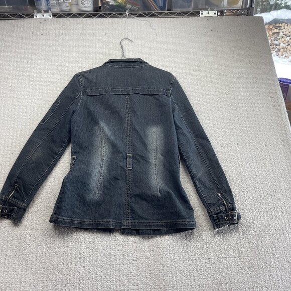 Y2K 725 Originals Dark Blue Denim Moto Cafe Racer Jacket Military Wom Sz S 2000s - Picture 12 of 13